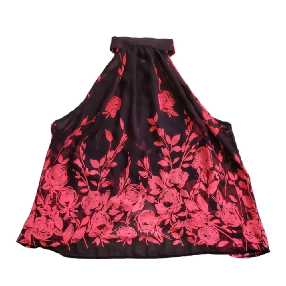 SHEER Navy Blue Halter Blouse with Neon Pink Flowers